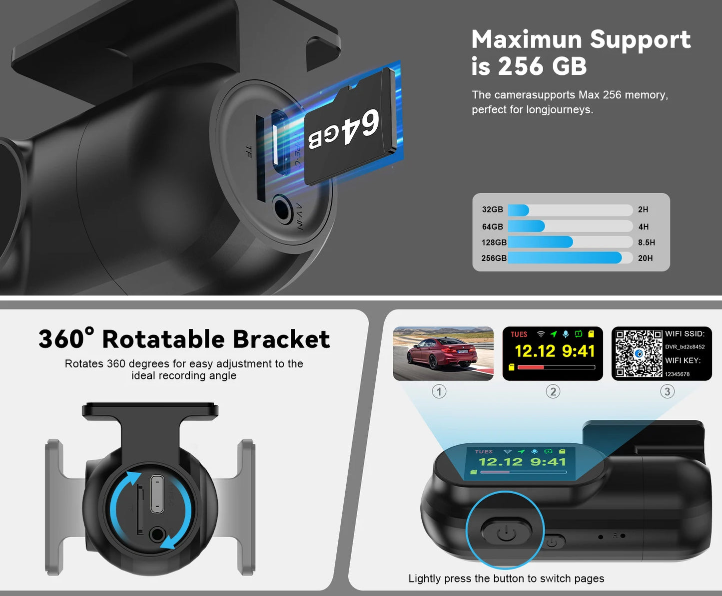 Soam 2.5K WiFi Dash Cam with GPS & Parking Monitor – 1440P Night Vision DVR