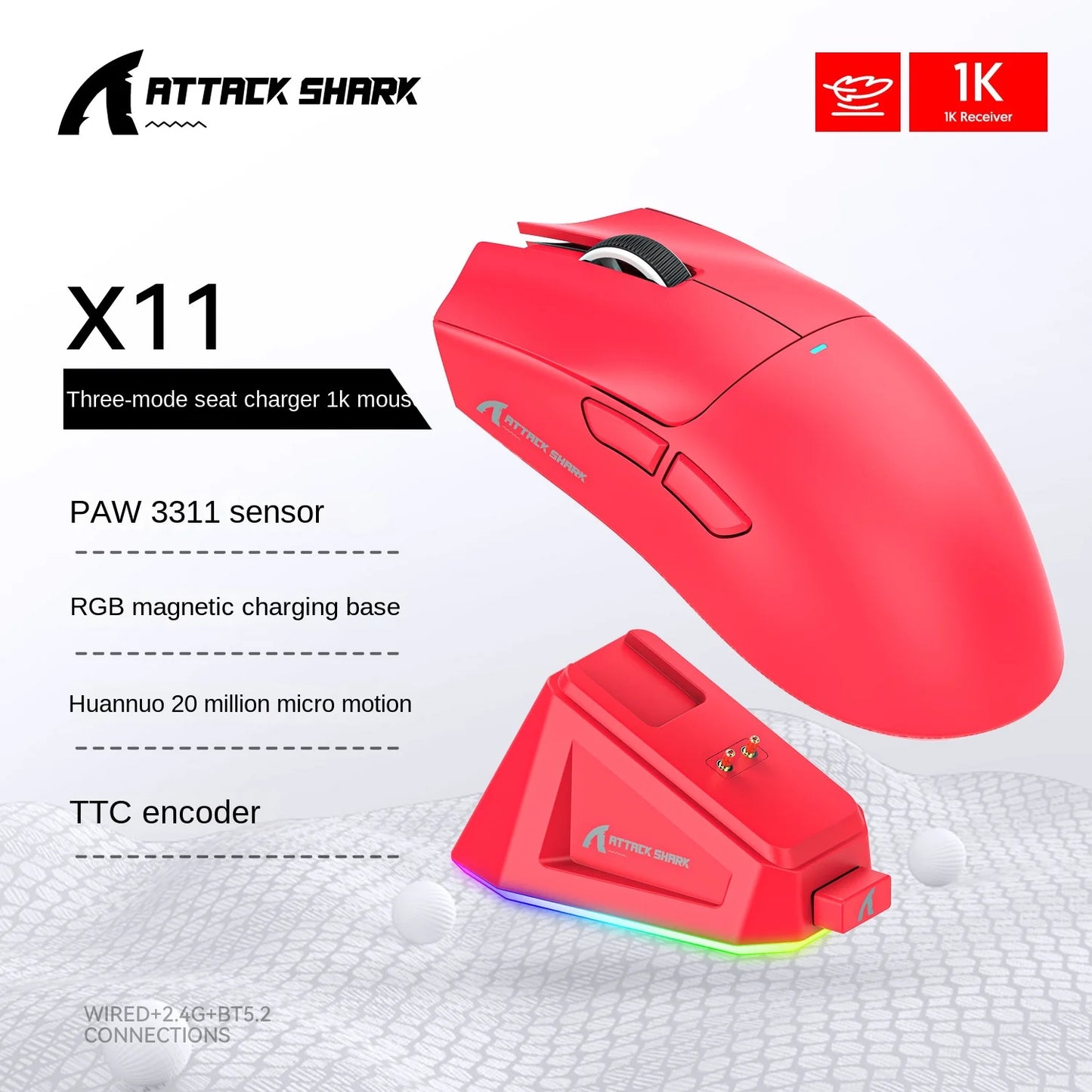 Attack Shark X11 Triple-Mode Wireless Gaming Mouse – PAW3395, 22,000 DPI, Magnetic Charging Dock