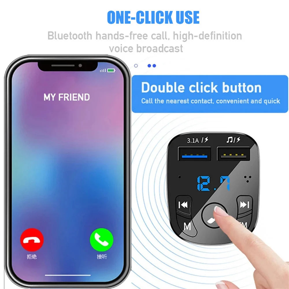 Bluetooth 5.0 Car FM Transmitter with Dual USB Fast Charging, Hands-Free Calls & LED Voltage Display (12V–24V)