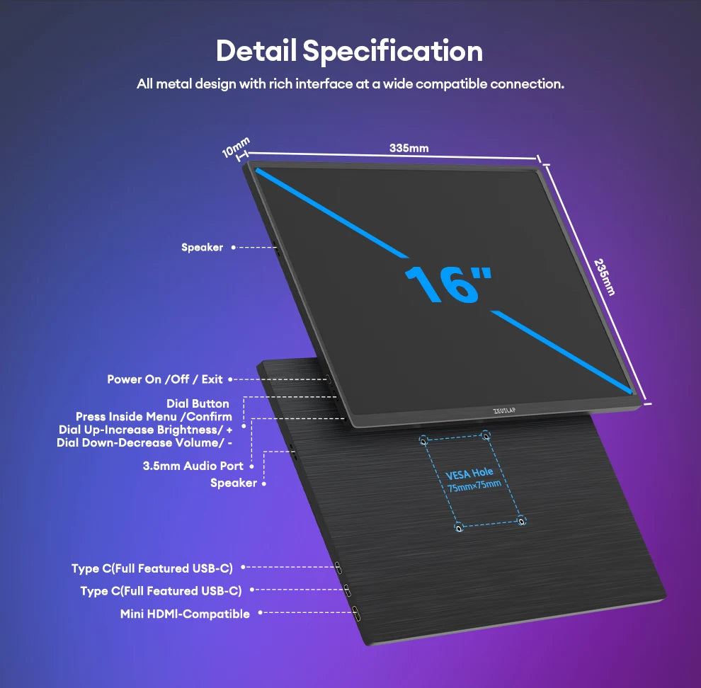EUSLAP P16K 16 Inch QHD Portable Monitor | 144Hz 16:10 IPS | 500 Nits HDR500 | USB-C / HDMI