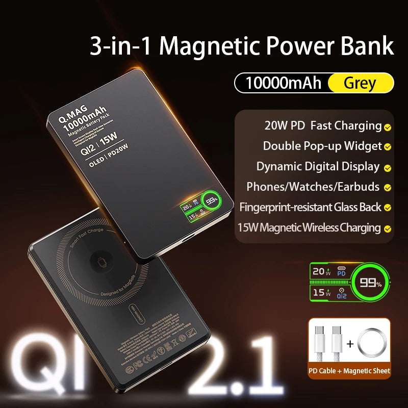 Magnetic Wireless Power Bank 5000/10000mAh – 3-in-1 Fast Charger with Digital Display