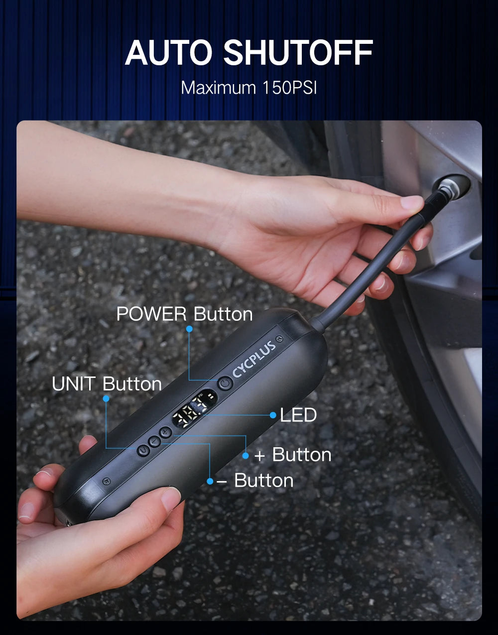 CYCPLUS Portable Air Pump 150PSI Smart Electric Inflator for Car, Bike, Motorcycle & Ball with Type-C Charging