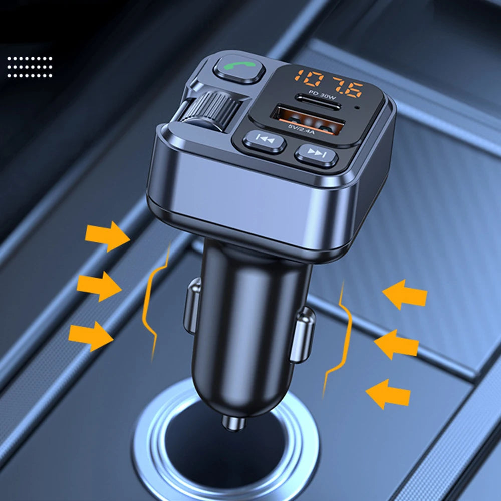 Q28 Bluetooth 5.1 FM Transmitter Car Charger | Dual USB & Type-C Fast Charging with Voltage Display