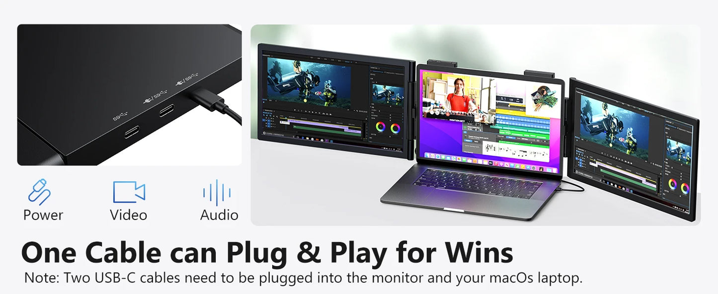 Amoudo 14″ Triple Screen Laptop Extender IPS Monitor | FHD 1920×1080 | USB-C Plug & Play | Portable Dual Screen