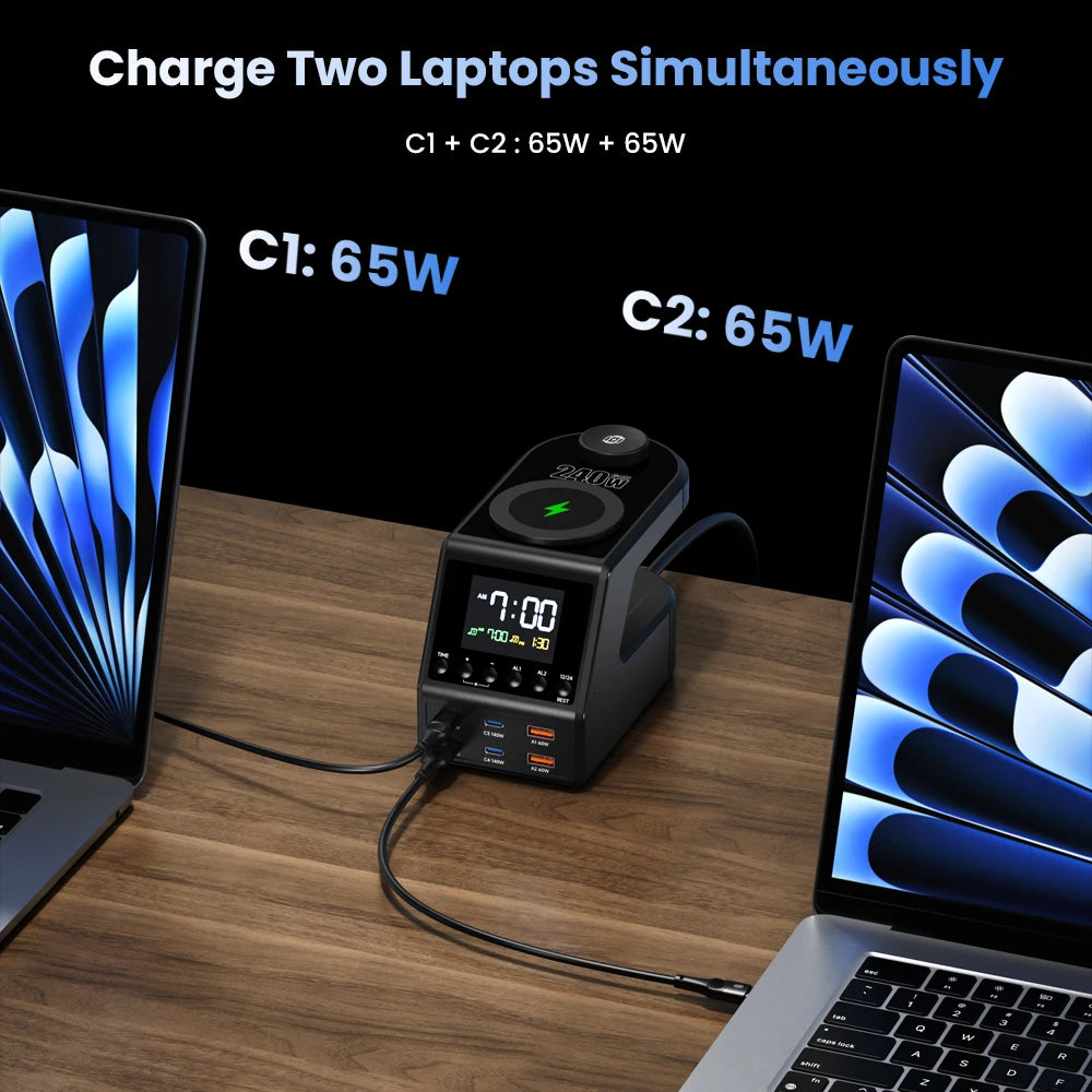 240W Smart GaN Charger Station – 6 USB Ports + Wireless & Alarm Clock