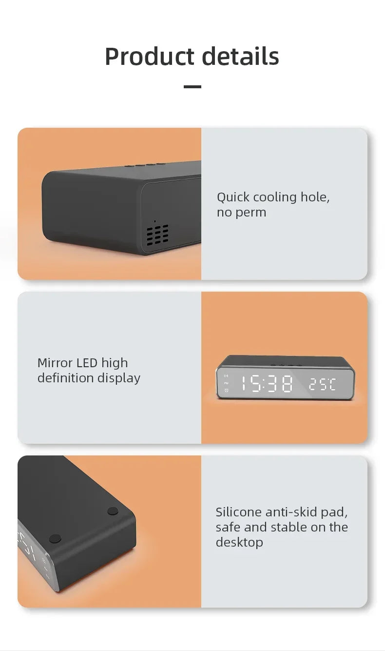 Opansten Wireless Charging Alarm Clock – 5W Qi Charger with Time, Temperature & LED Display