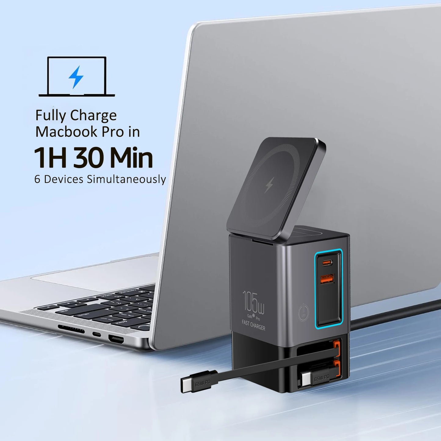 6-in-1 65W Multifunction Magnetic Wireless Charging Station for iPhone Watch AirPods USB-C