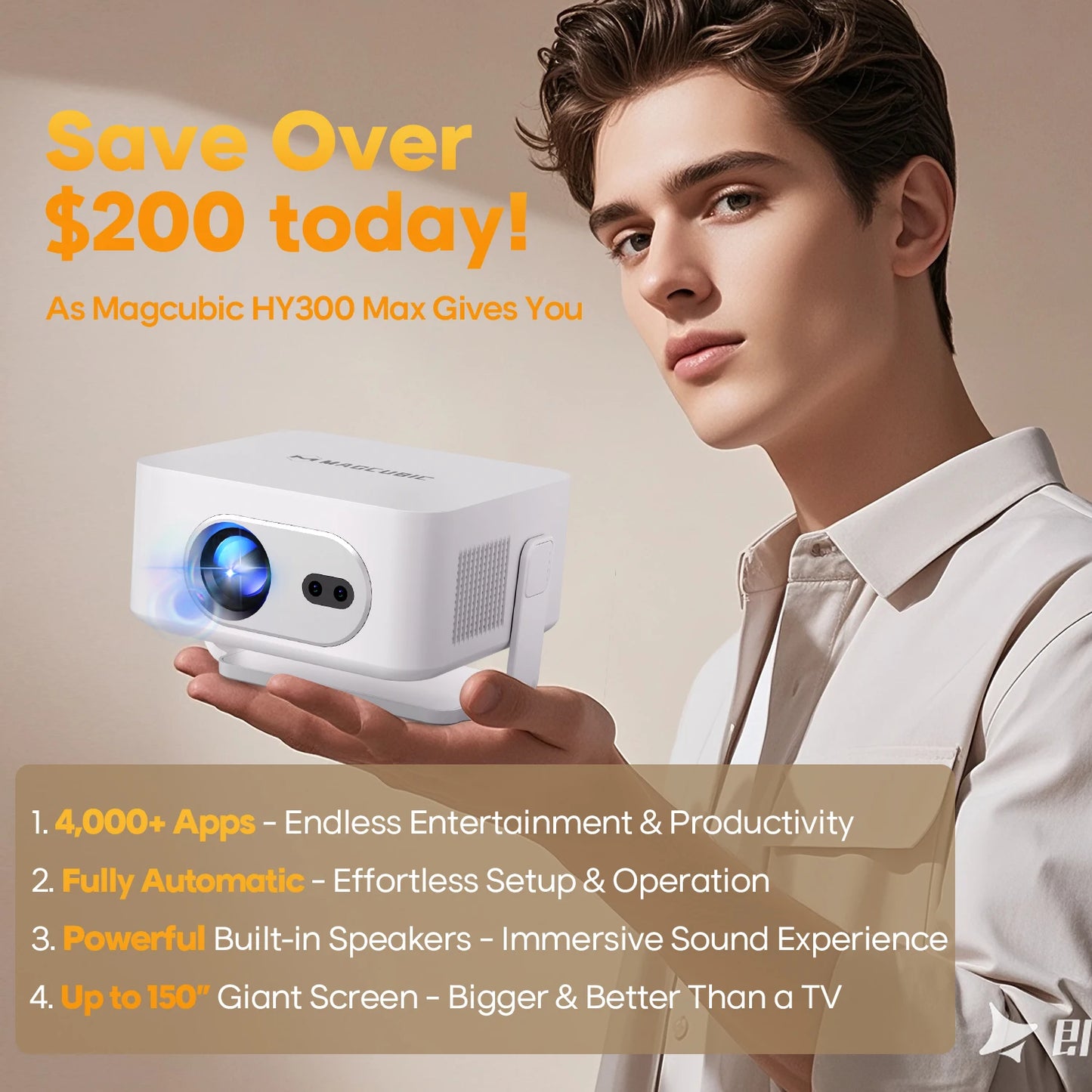 HY300 Max Smart Projector – Android 14, 400 ANSI, Auto Focus & Keystone