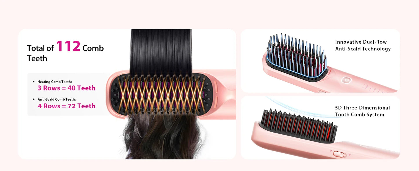 Cordless Hair Straightener Brush – Wireless, Adjustable Heat, Travel-Ready