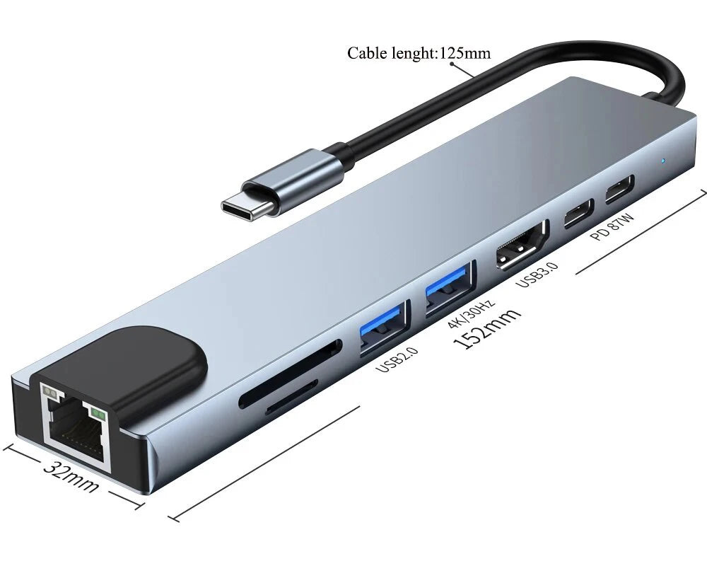 Type-C Hub 8-Port – 4K HDMI, LAN, USB 3.0, SD/TF, 100W PD Adapter