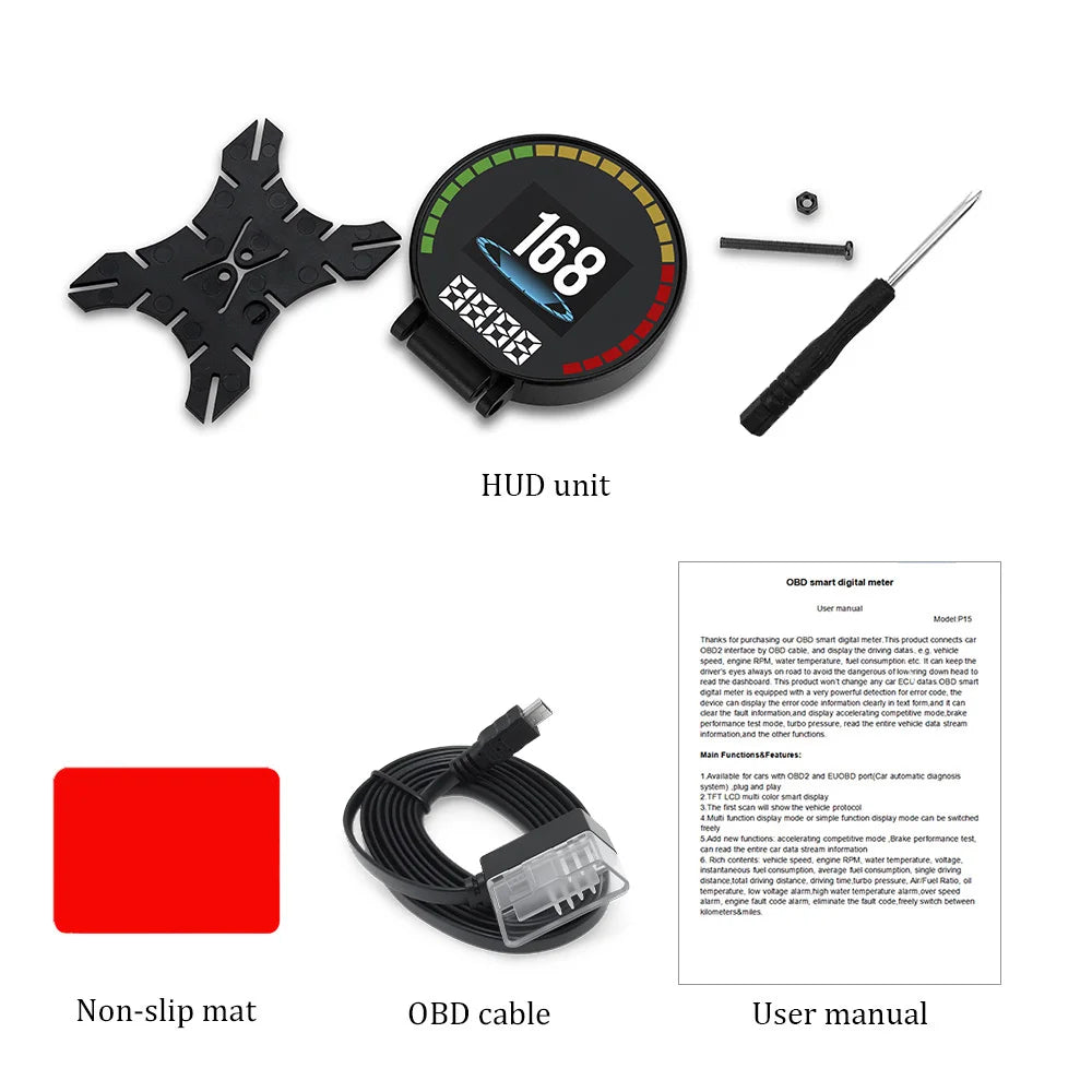 P15 OBD Smart Head-Up Display – Digital Speedometer, RPM, Water & Oil Temperature, Turbo Pressure, OBD2 Multi-Function HUD