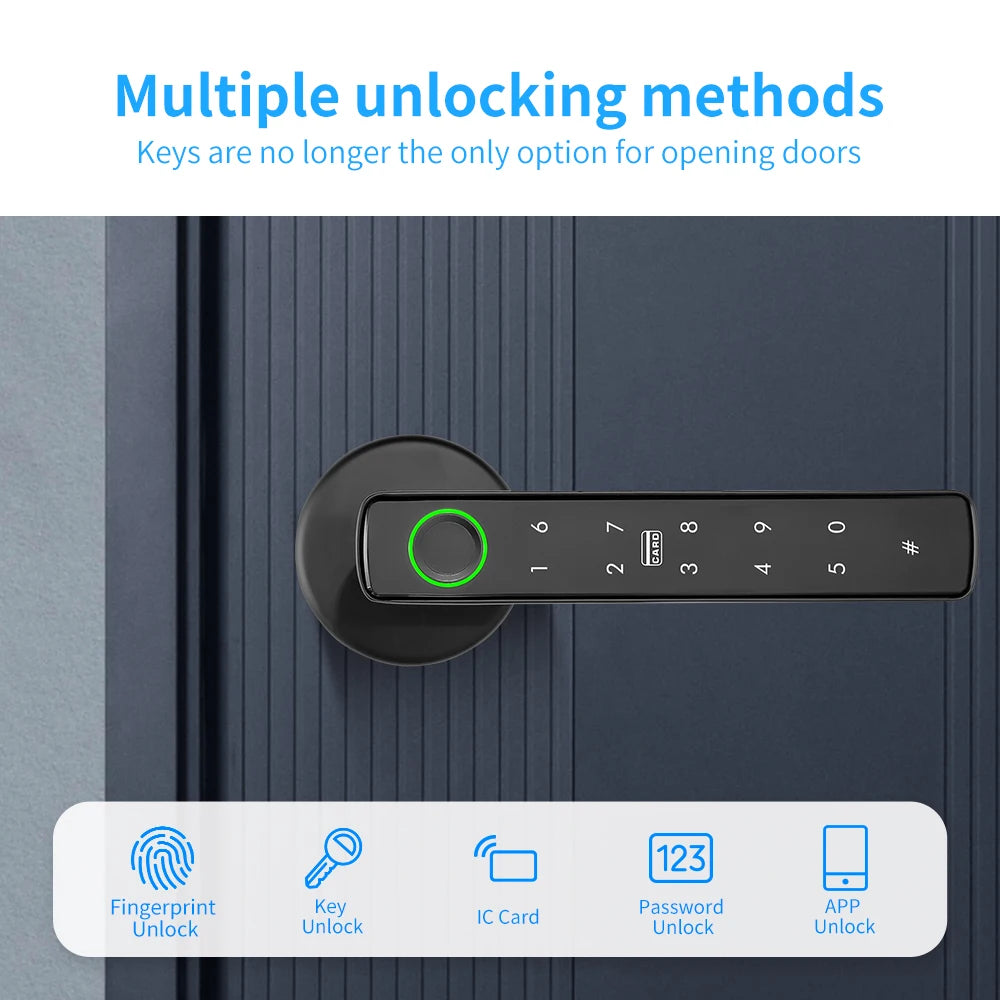 Tuya Smart Fingerprint Door Lock – 5-in-1 Bluetooth App, Card & Password Unlock (IP66)