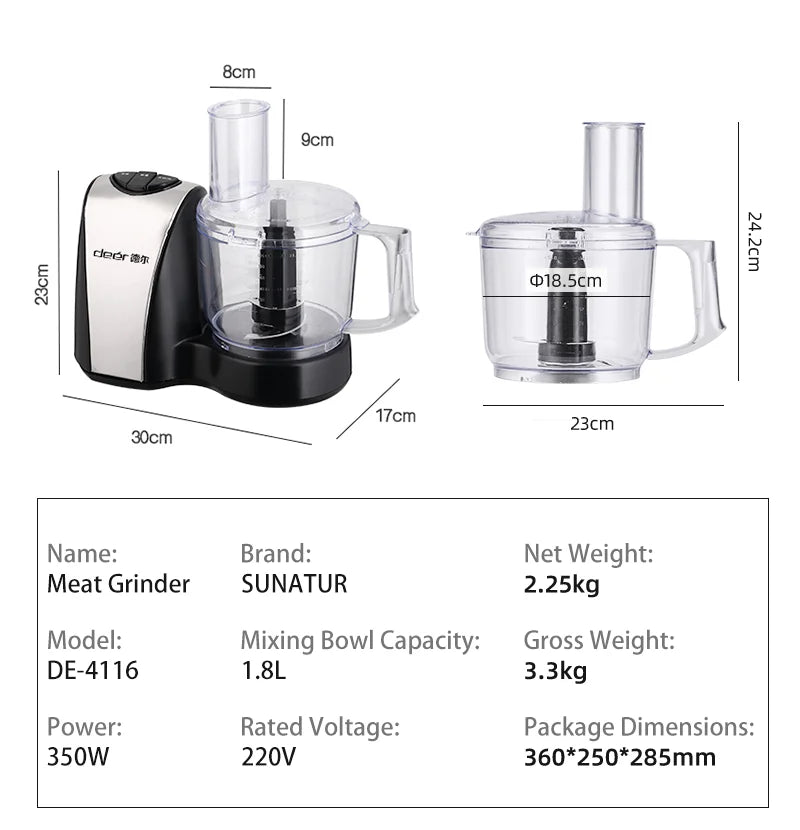 SUNATUR 1.8L Electric Food Processor 350W – Multi-Function Slicer, Shredder & Grinder