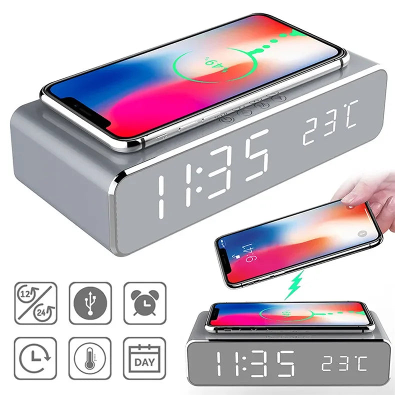 Opansten Wireless Charging Alarm Clock – 5W Qi Charger with Time, Temperature & LED Display