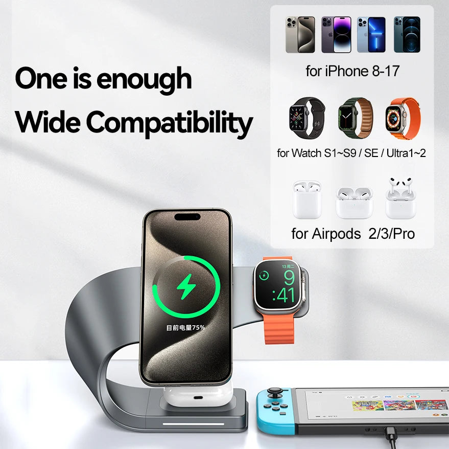 4-in-1 Metal Magnetic Wireless Charger 15W for iPhone, Watch & AirPods