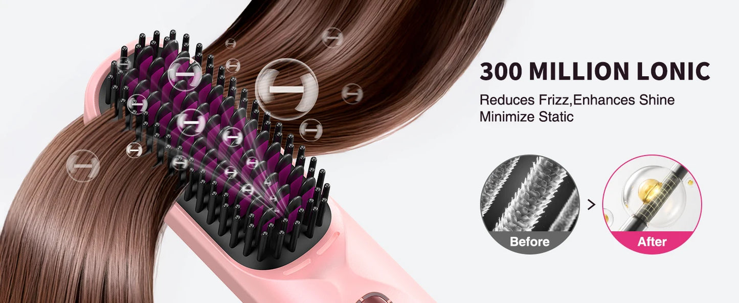 Cordless Hair Straightener Brush – Wireless, Adjustable Heat, Travel-Ready