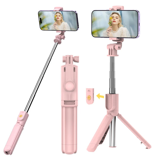 Pink Bluetooth Selfie Stick Tripod with Fill Light & Remote – 71cm Extendable