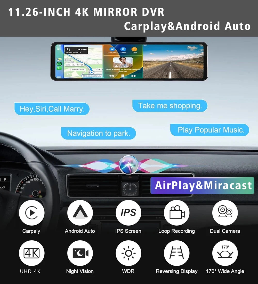 11.26” 4K Rearview Mirror DVR | CarPlay, Android Auto, GPS Ready