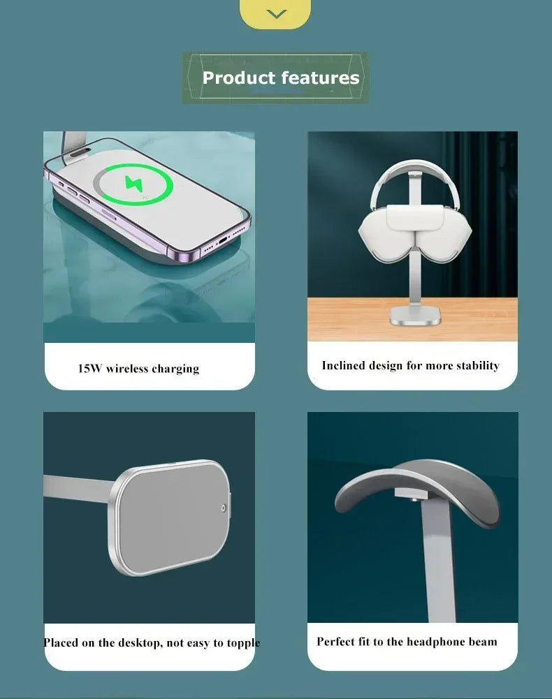 Premium Aluminium Headphone Stand with 15W Wireless Charging – Heavy Base Desk Holder