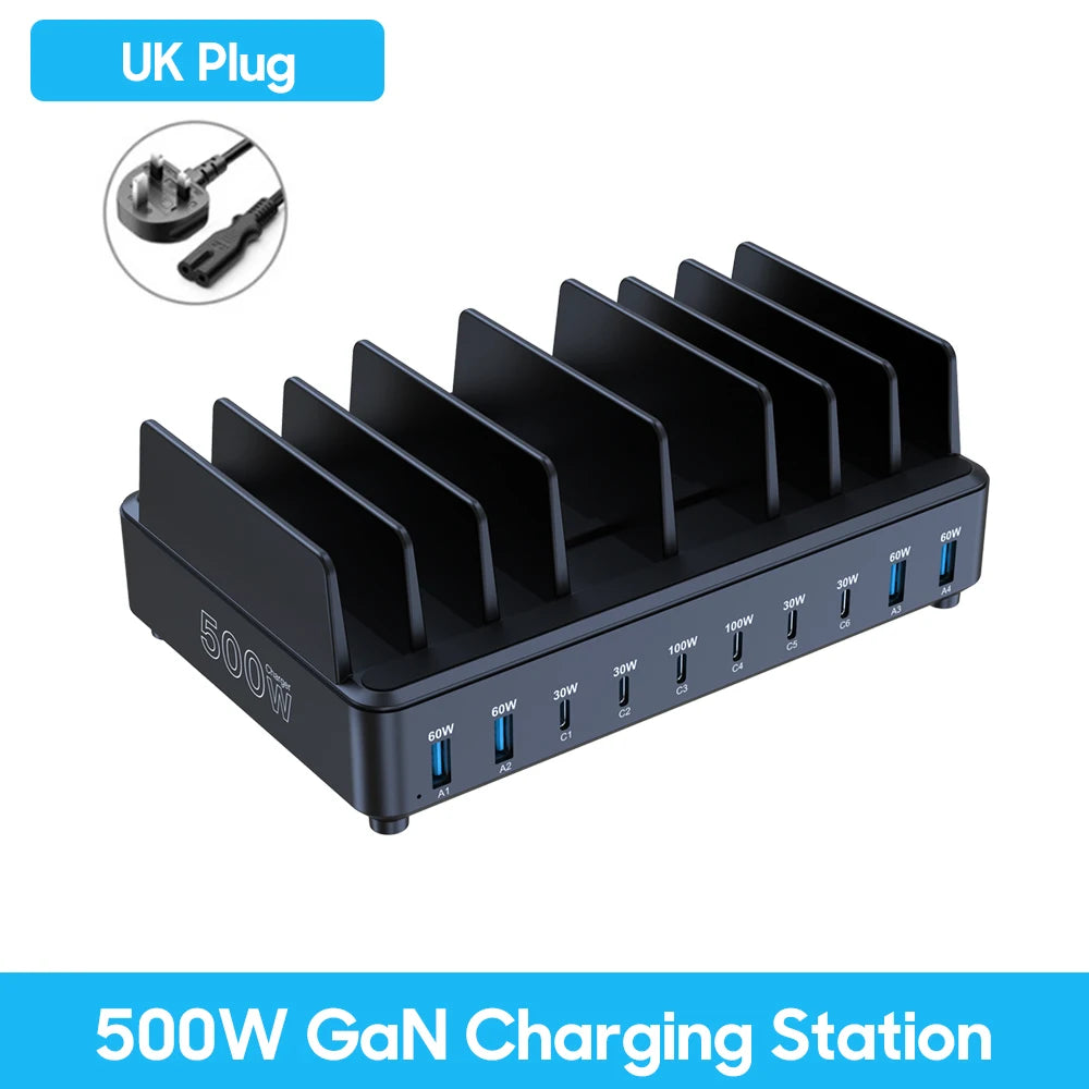 500W GaN Desktop Charging Station – 7 USB-C + 4 USB-A PD Fast Charger for Phones & Laptops