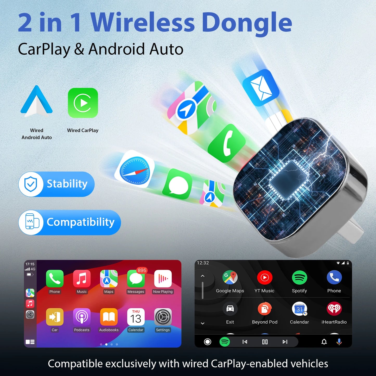 PIONRAY 2-in-1 Wireless CarPlay & Android Auto Adapter – Plug & Play 5.8GHz WiFi