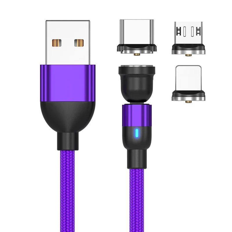 540° Rotating Magnetic Charging Cable | 3-in-1 USB-A to Type-C / Micro USB / Lightning