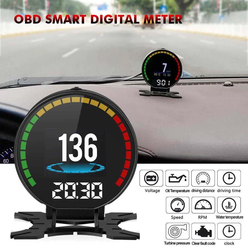 P15 OBD Smart Head-Up Display – Digital Speedometer, RPM, Water & Oil Temperature, Turbo Pressure, OBD2 Multi-Function HUD