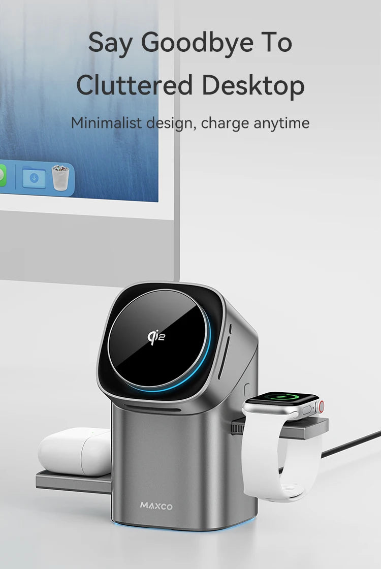 Maxco MW15 Qi2 Auto Rotate Magnetic Wireless Charging Stand – 3-in-1 Fast Charge