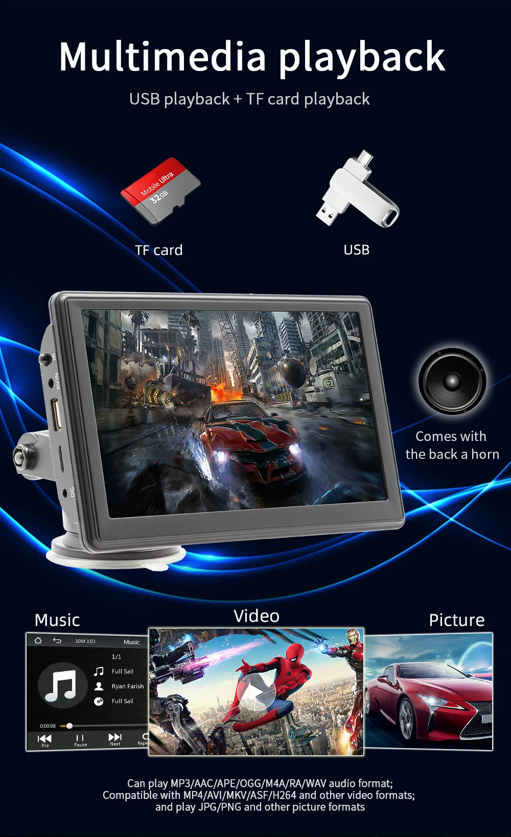 BQCC 7” Portable Wireless CarPlay & Android Auto MP5 Car Playe