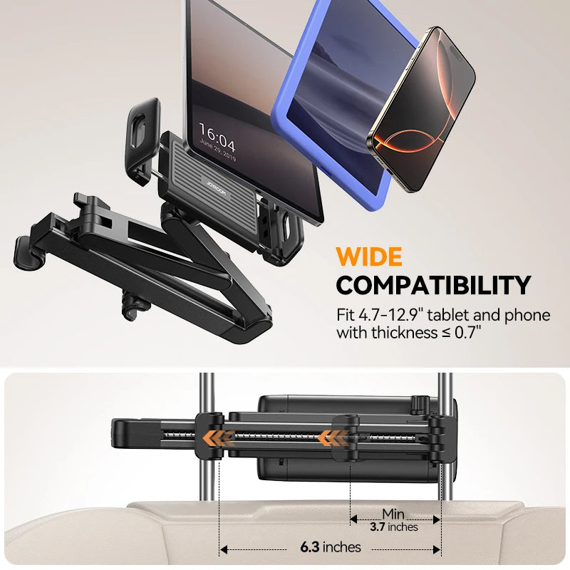 Car Headrest Tablet Holder – Foldable 360° Adjustable Backseat Mount