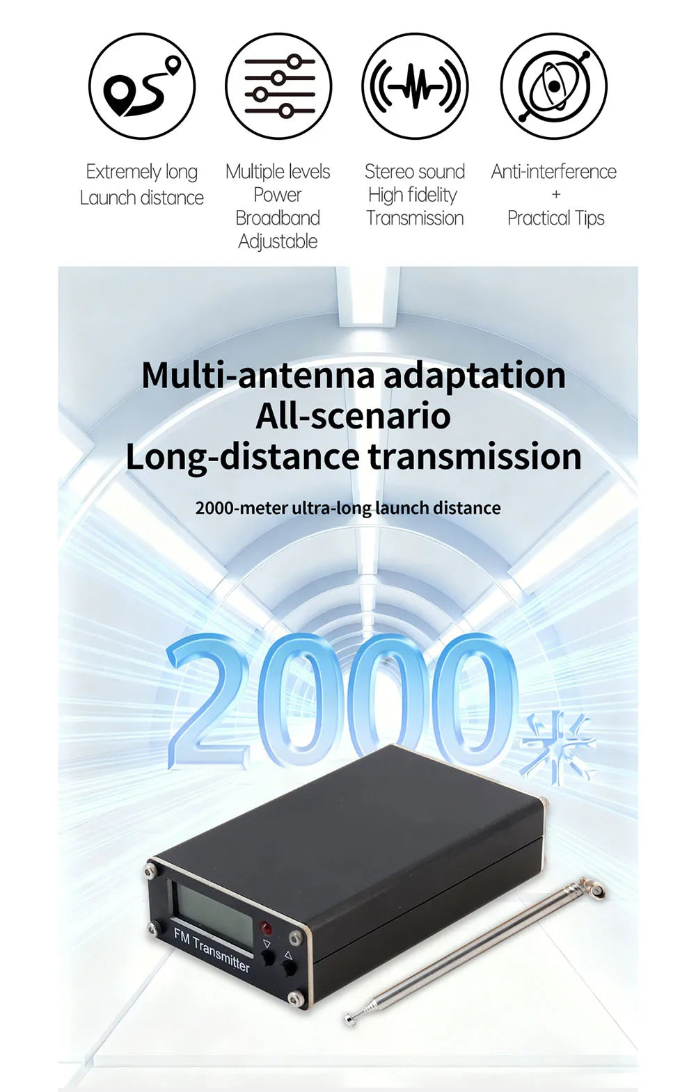 Portable 0.5W Long-Range FM Transmitter – USB-C Powered Mini Broadcast Radio (Up to 2 km, 76–108 MHz)