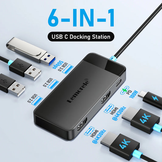 USB-C Dock Dual HDMI Adapter – 6-Port Hub with 4K Display & Power Delivery