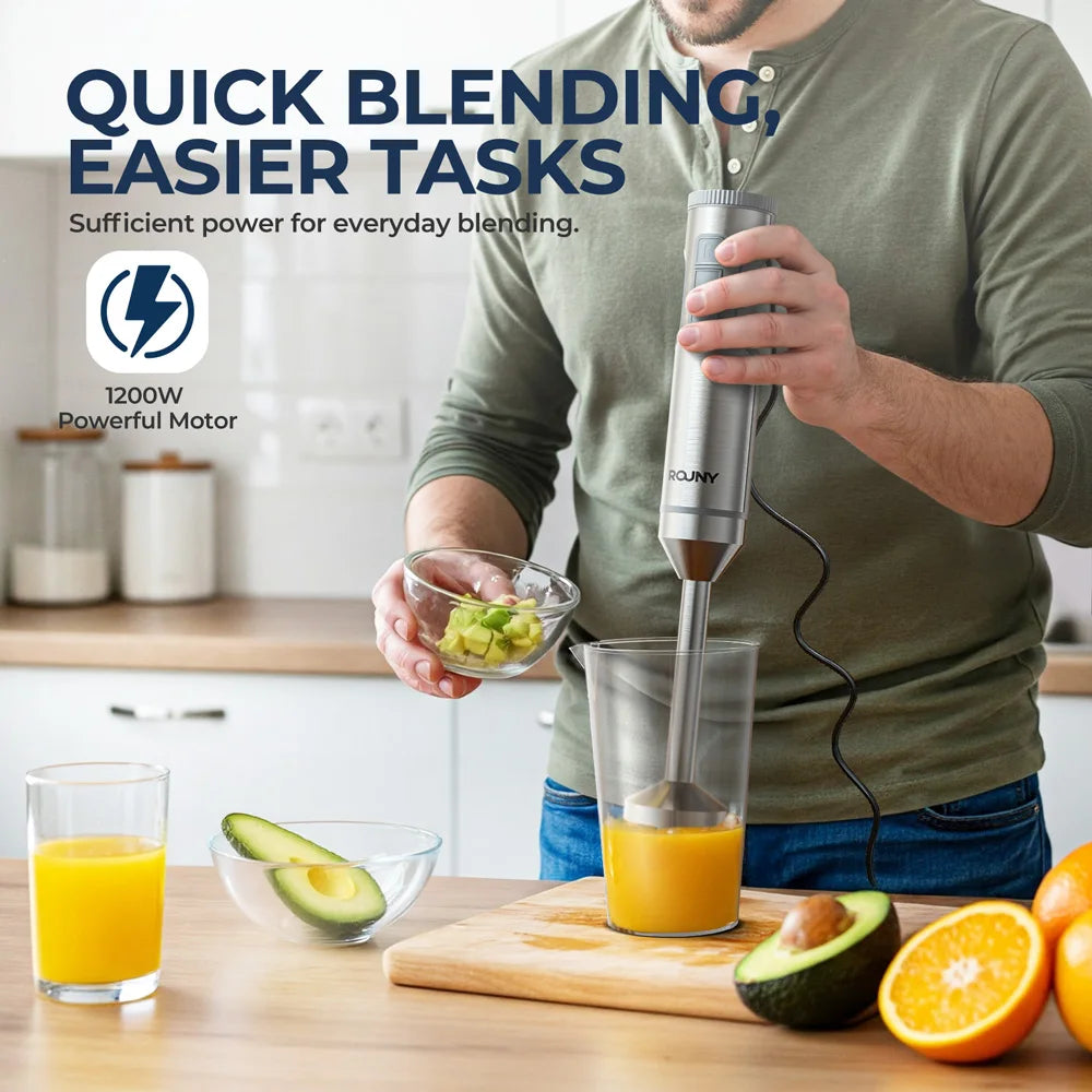ROUNY 4-in-1 Hand Blender 1000W – Stainless Steel Immersion Blender with Chopper & Whisk