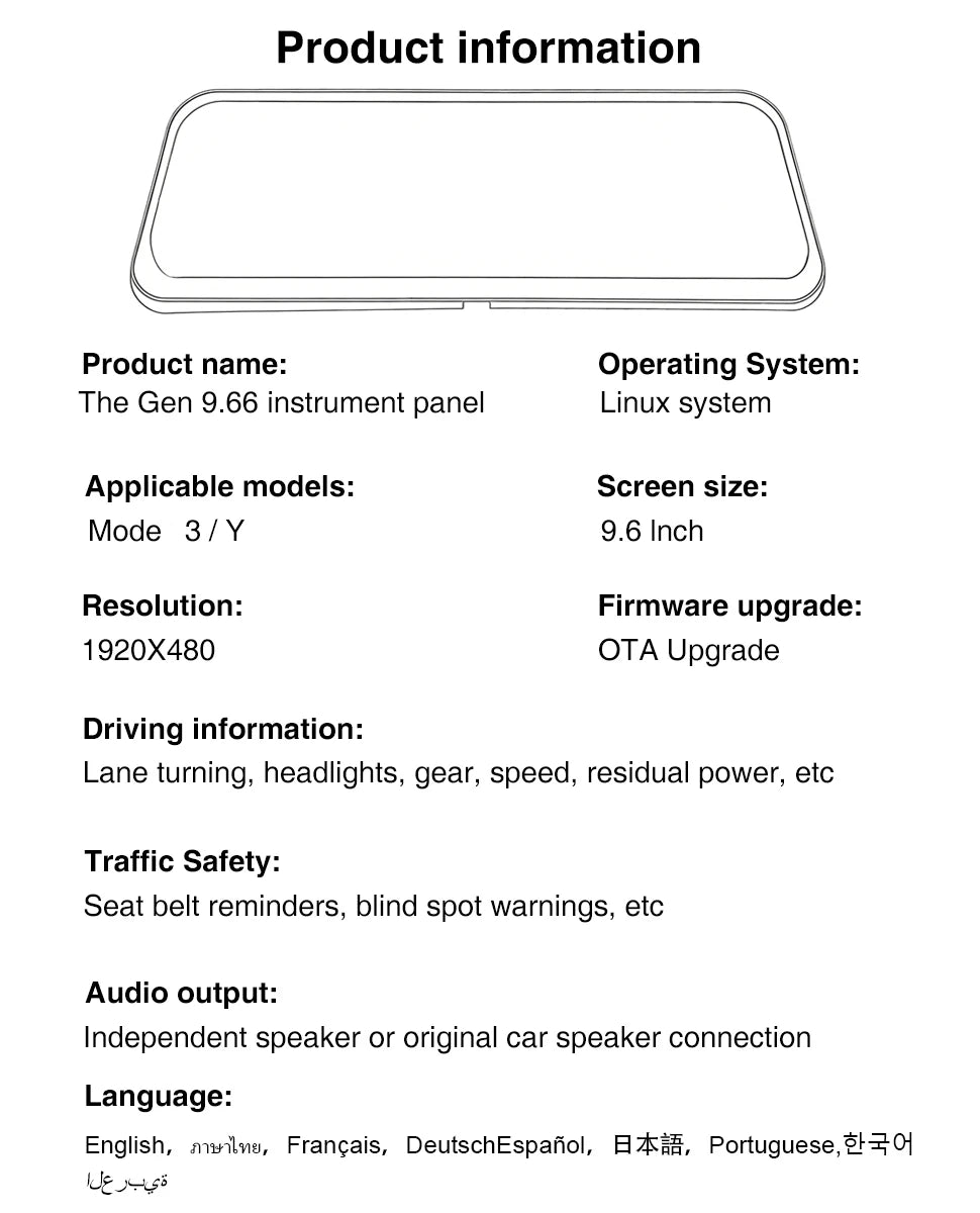 Onlysay 9.66″ Tesla Instrument Cluster Display for Model 3 & Model Y – Wireless CarPlay & Android Auto, Blind Spot Warning, OTA Updates