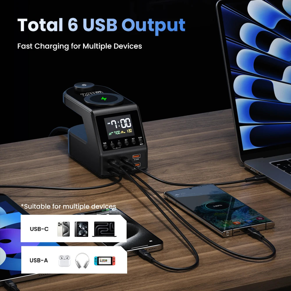 240W Smart GaN Charger Station – 6 USB Ports + Wireless & Alarm Clock