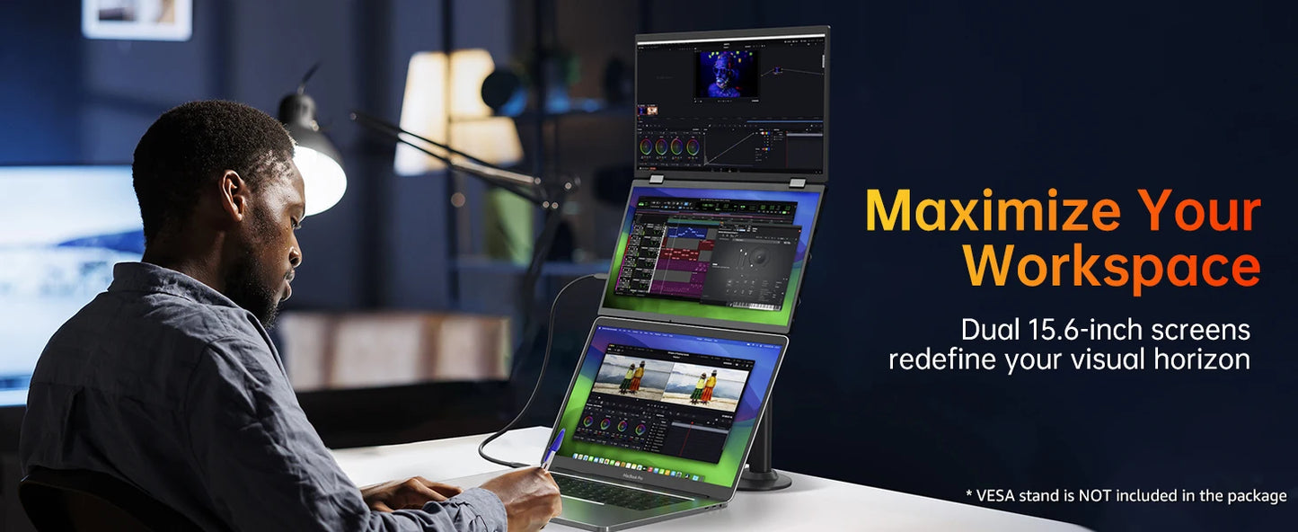 15.6″ Folding Dual Monitor | FHD IPS 1080P | USB-C Portable Display | Built-in Speakers