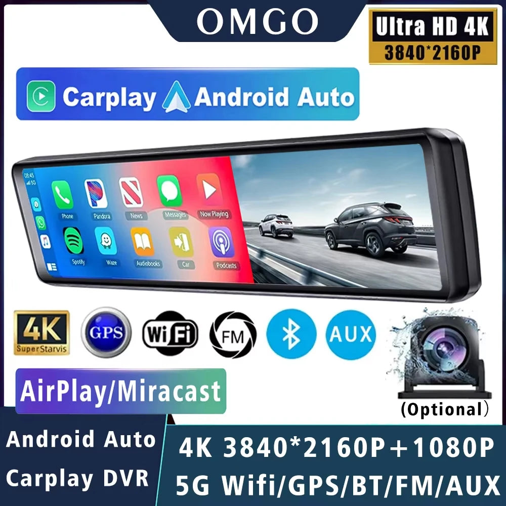 11.26” 4K Rearview Mirror DVR | CarPlay, Android Auto, GPS Ready