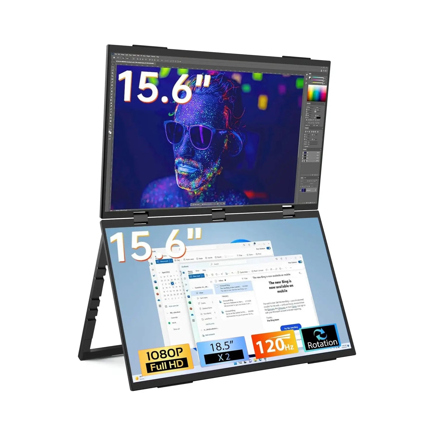 15.6″ Folding Dual Monitor | FHD IPS 1080P | USB-C Portable Display | Built-in Speakers