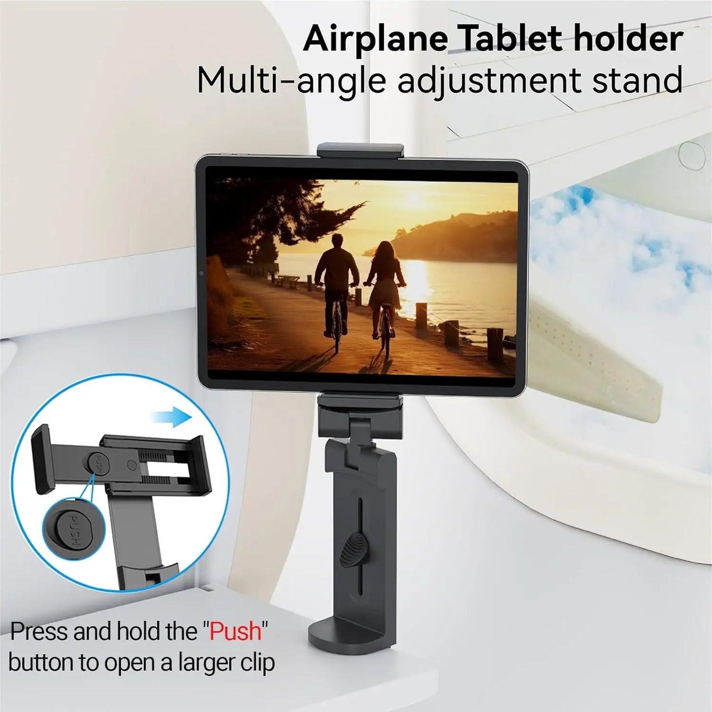 Portable Airplane Tablet Holder Stand – 360° Rotating Travel Desk Mount for 7–12” Tablets
