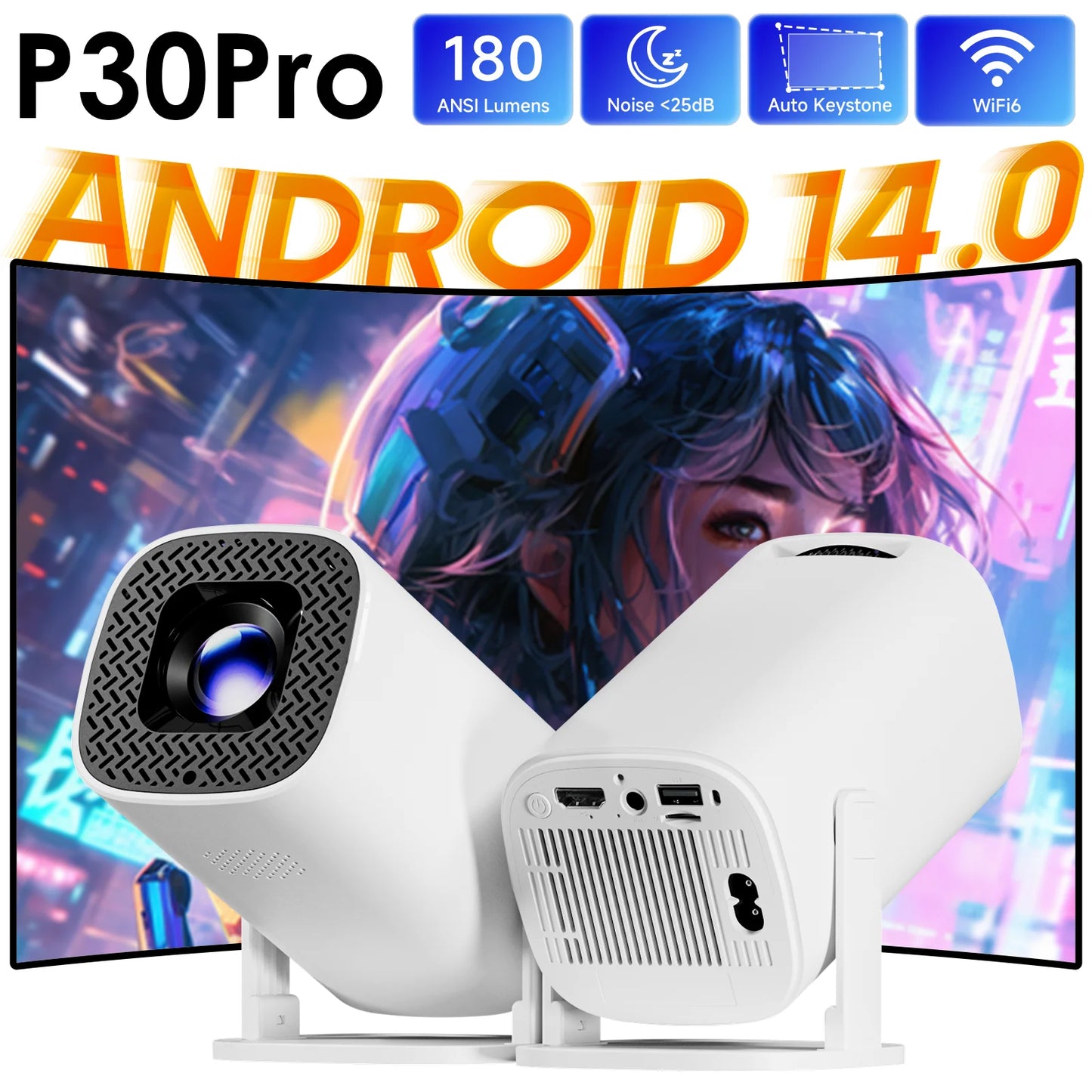P30 Pro Smart Mini Projector – Android 14, WiFi 6, BT 5.0, 720P Native
