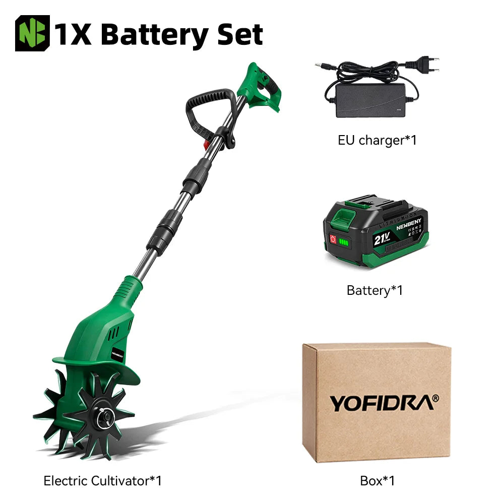 NewBeny Cordless Garden Cultivator 21V 1600W High Power Tiller with 150mm Blade