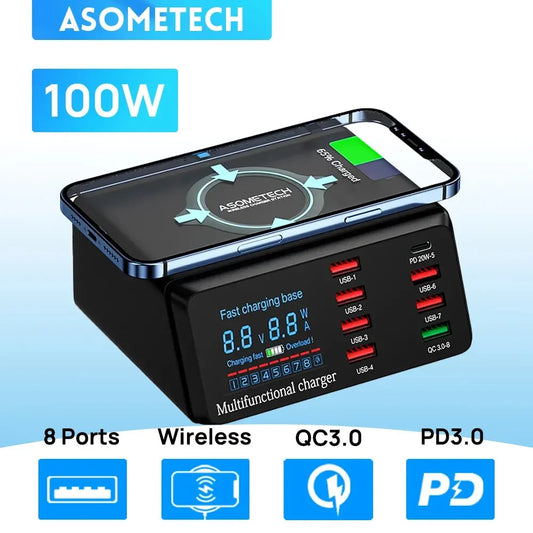 100W USB-C PD Desktop Charging Station with Wireless Charging & Display