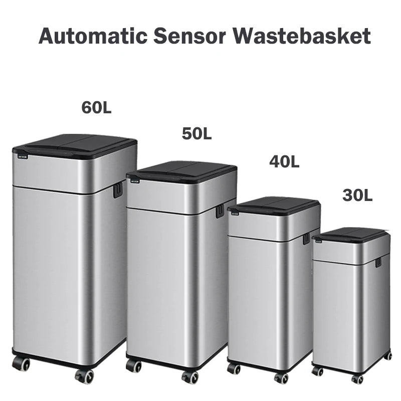 mart Stainless Steel Trash Can 20–60L – Touchless Sensor Kitchen Bin with Wheels