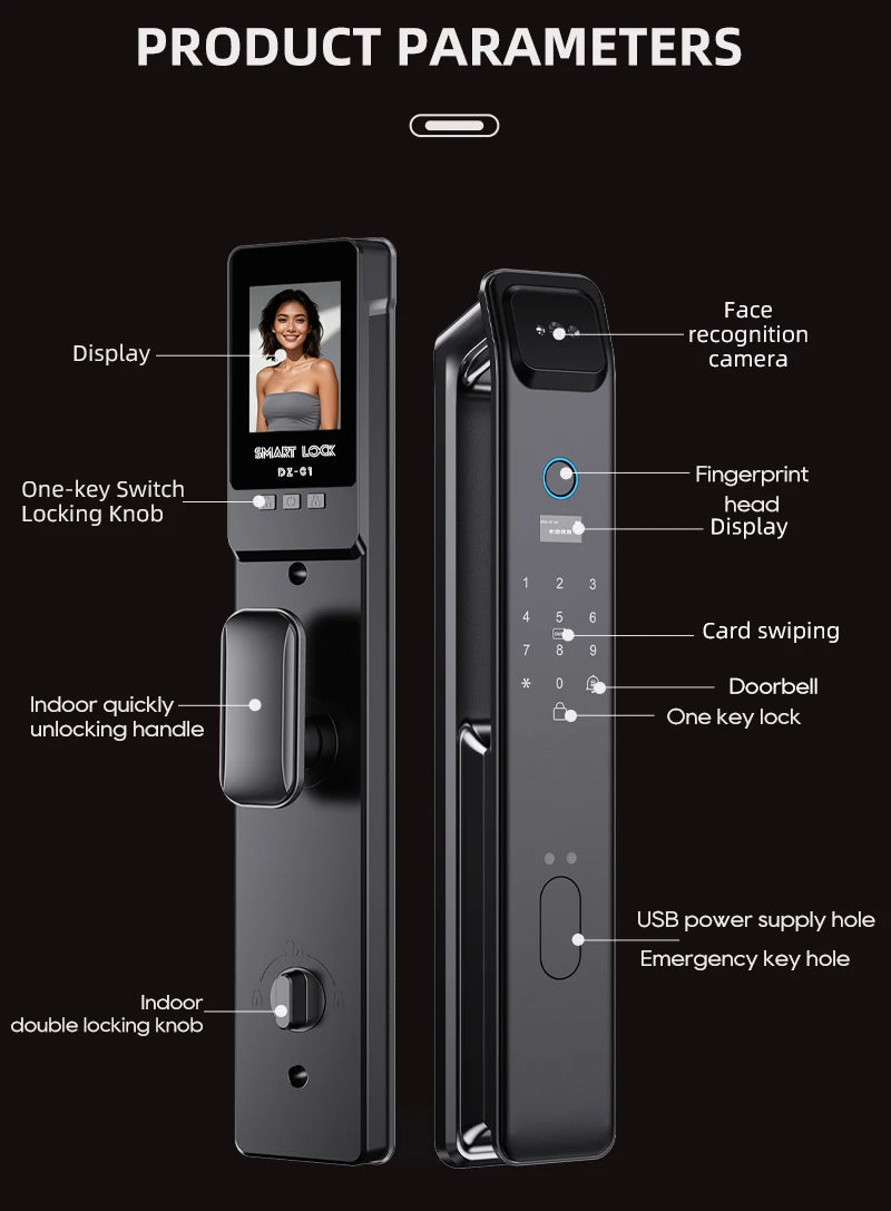 Wishome W-F9 Smart Face Recognition Door Lock with Camera & HD Screen – WiFi Fingerprint Lock