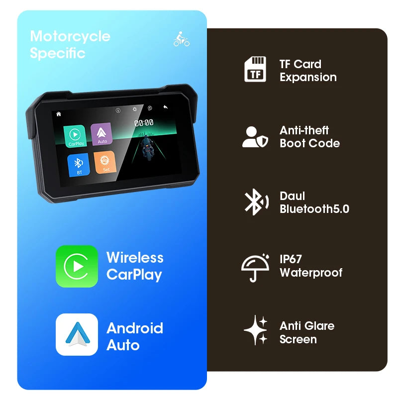 Jansite Portable Motorcycle CarPlay Screen – Dual Bluetooth, WiFi, IPX7 Waterproof