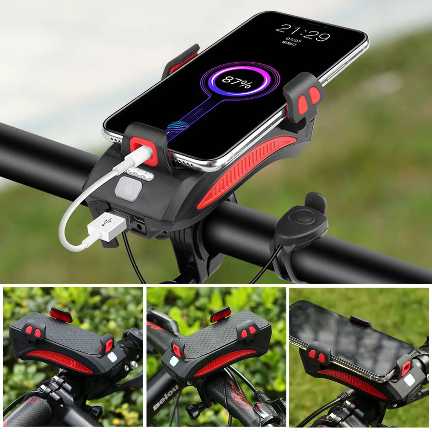 4-in-1 Bicycle Phone Holder with Headlight, Horn & 4000mAh Power Bank