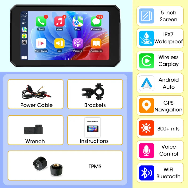 Jansite 5” IPX7 Motorcycle / Car Smart Display – Wireless CarPlay, Android Auto & MirrorLink