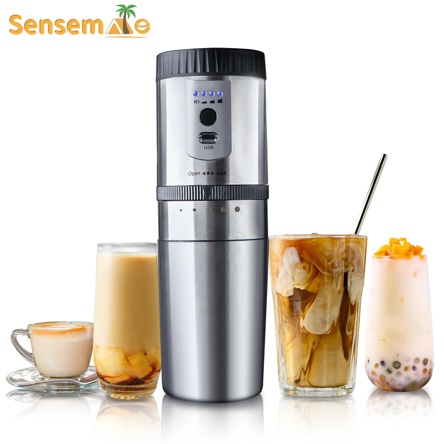 SENSEMAKE Portable Electric Coffee Maker with Grinder – Rechargeable 3-in-1 Travel Brewer