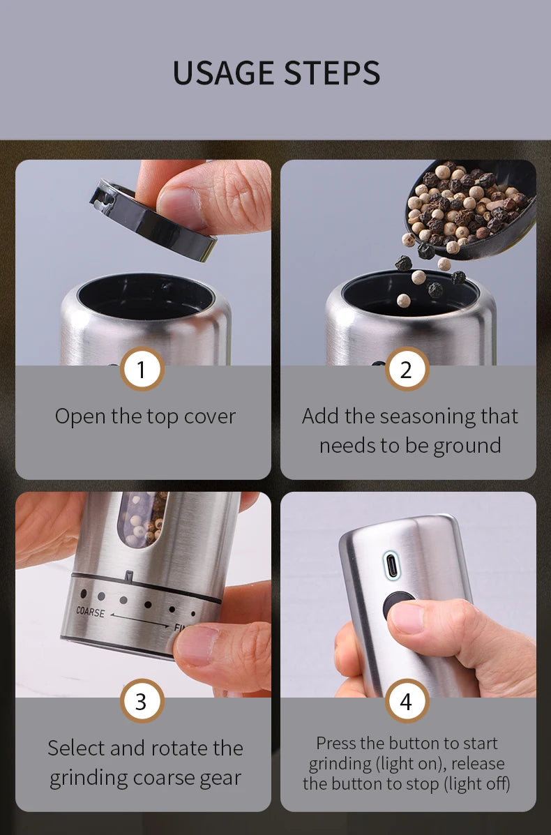 FLYMUYU Electric Salt & Pepper Grinder – Rechargeable Stainless Steel Spice Mill with Adjustable Coarseness & LED Light
