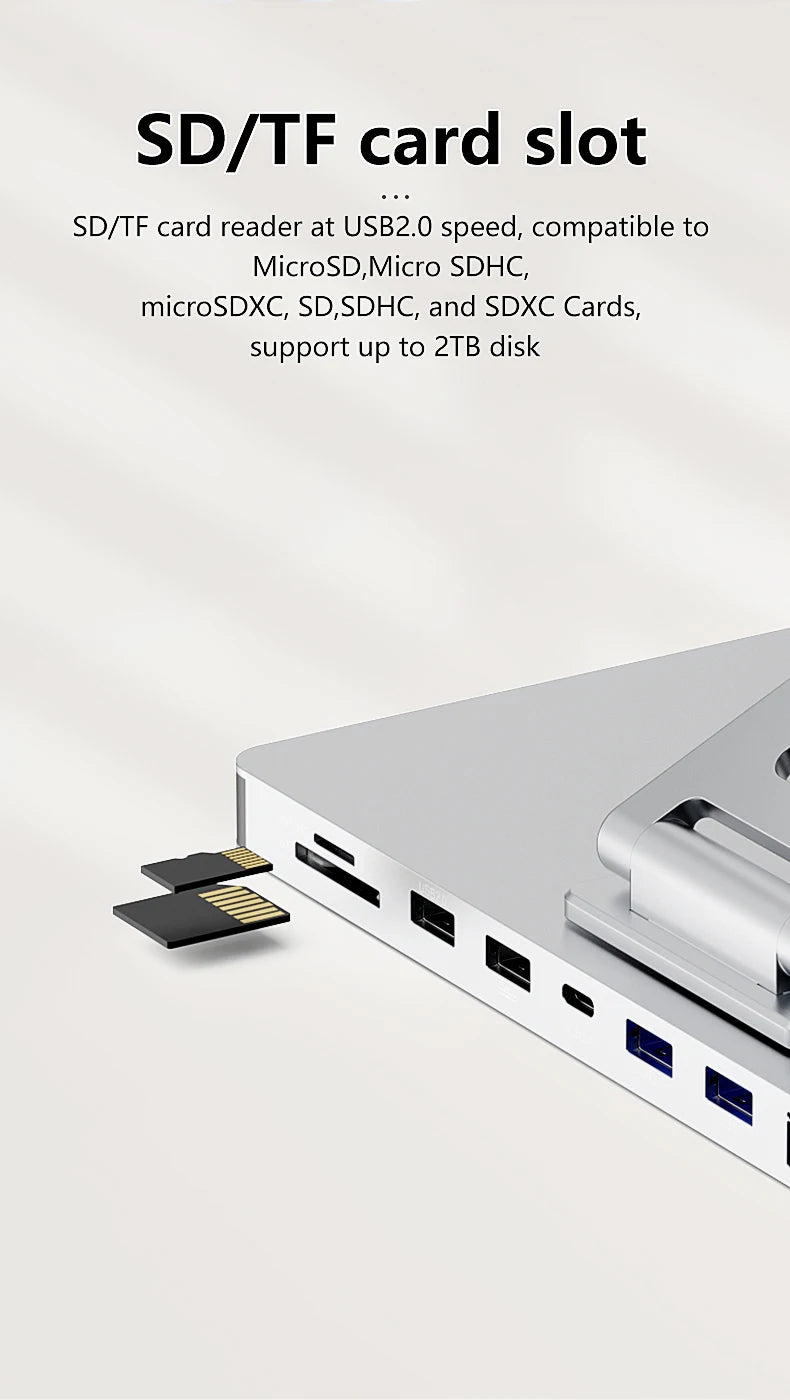 Aluminum Laptop Stand Hub 10-in-1 – USB-C Dock with 4K@60Hz HDMI, SD/TF & RJ45